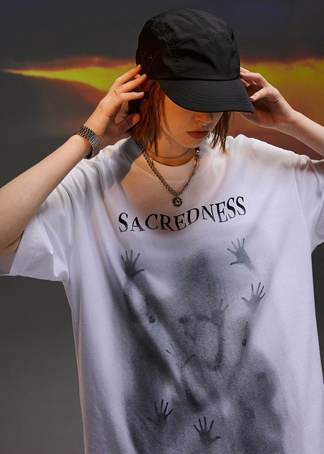 "SACREDENESS" Letter Printed T-Shirt